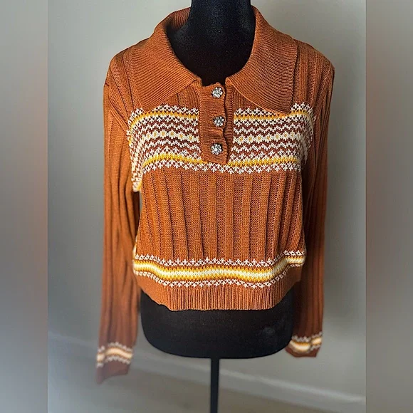 CIDER Retro Button Up Cropped Geometric Polo Knit Top Women’s Size Large - Picture 1 of 12